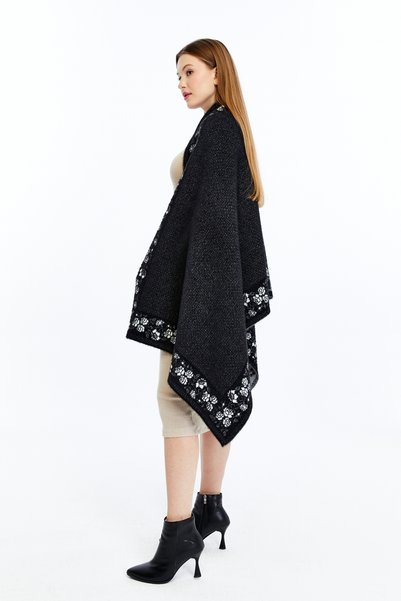 panşalço Special Beard Yarn Cashmere Textured Battal Knitwear Shoulder Shawl, Women,Teenagers,Mothers, Black-Bone-Grey
