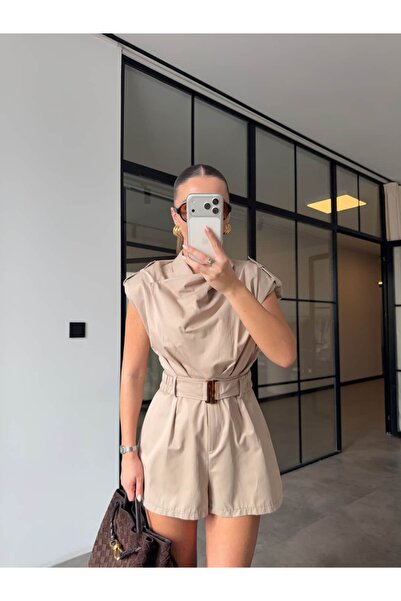 BB Bensu Buyruk Draped Collar Padded Belted Jumpsuit Beige