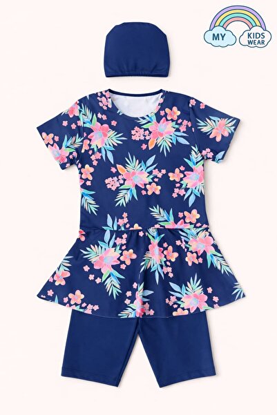 My Kids Wear Girl's Patterned Shorts and Bonnet Swimsuit Set 12571