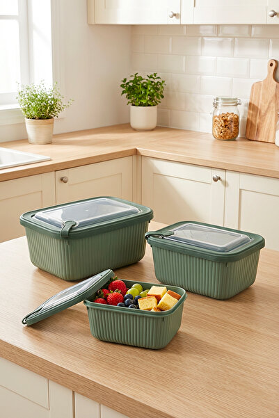 Homekolik Set of 3 Rectangular Storage Containers Green – Suitable for Microw...