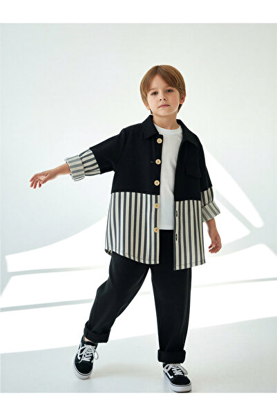 Catz Kids بنطلون كتان أسود + قميص كتان ريترو مخطط باللونين الأسود والأبيض