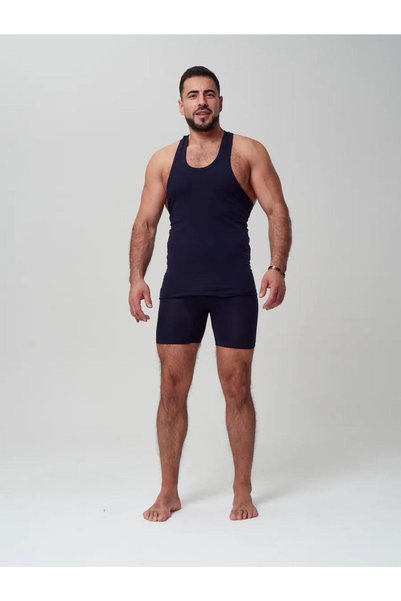 Mercan Men's Navy Blue Set in Special Box Long Cut Boxer + Sports Tank Top
