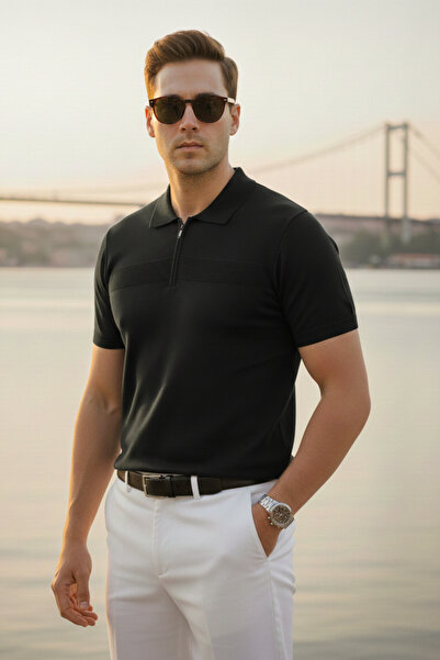 Maccali Men's Trend Black Polo Collar Knitwear T-Shirt