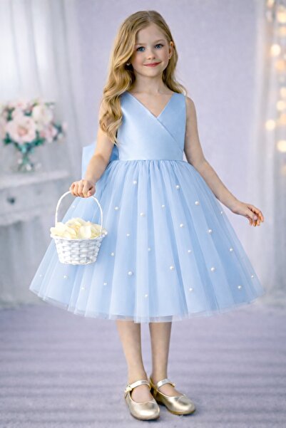 SUNEH Κοριτσίστικη Μπλε Φούστα με Πέρλες και Λεπτομέρειες, Μίνι Απλό Φόρεμα γ...