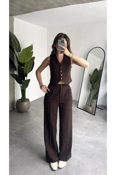 asfamoda Women's Brown Sparkling Stone Buttoned Sleeveless Vest Pleated Palaz...