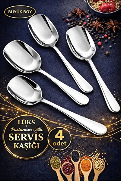 Maridet Gümüş Servis Kaşığı Seti Büyük Boy Paslanmaz Çelik Kaşık Salata Yemek...