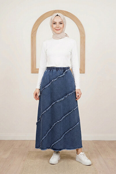 FERHEL Tassel Detailed Elastic Waist Long Denim Skirt - Indigo
