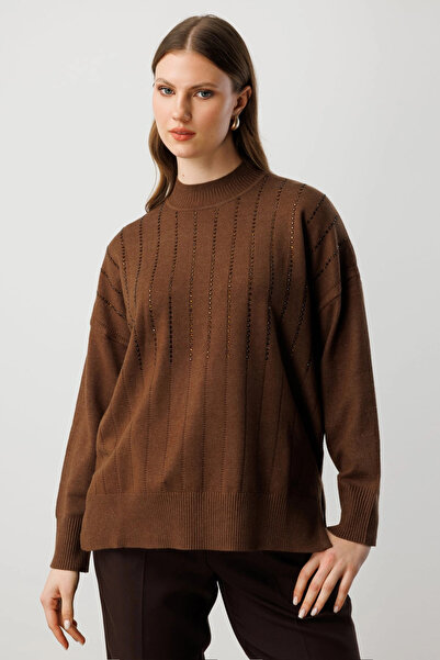 On Fashion Women's Round Neck Sequin Detailed Brown Sweater 60302