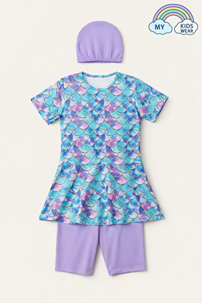 My Kids Wear Kız Çocuk Desenli Şortlu Bone’li Mayo Takımı 12574