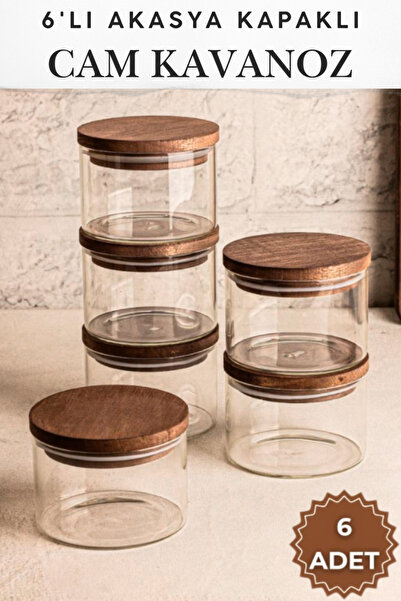 Penthouse 6 Pieces of 300ml. Acacia Lid Glass Jar Set / Breakfast Jar / Sauce...