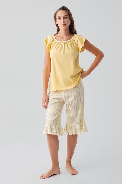 Artış Short Sleeve Gingham Patterned Stretchy Cotton Pajama Set