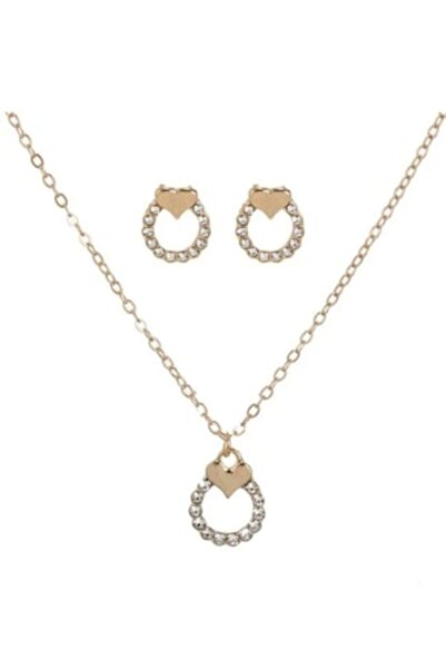 OEM Set Colier & Cercei Aurii cu Strasuri și Inimă, 1cm