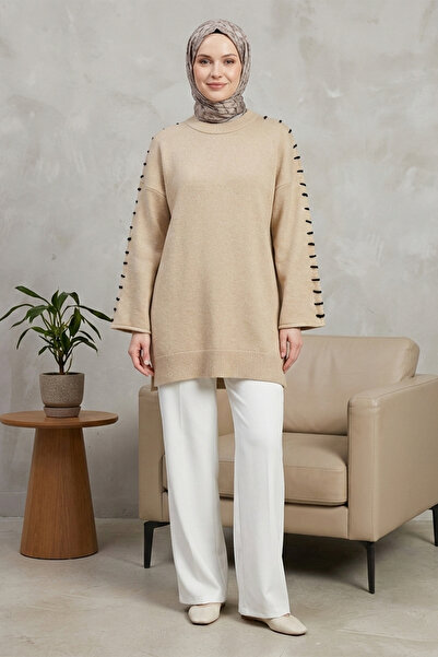 FERHEL Soft Knitwear Sweater Tunic with Rope Detail on the Sleeves - Mink