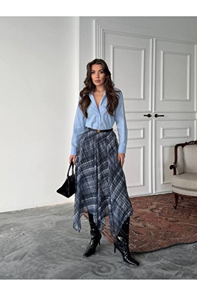 Rora Plaid Patterned Asymmetrical Cut Chiffon Midi Skirt