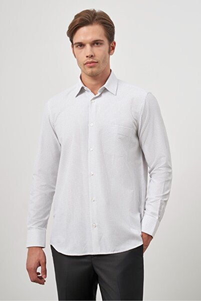 İmza White Long Sleeve Checkered Pattern Cloth Leg Hard Collar Pocket Cotton ...