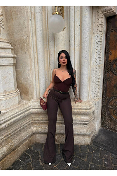 kırmızı butiks Καφέ Ισπανικό Παντελόνι με Λεπτή Ζώνη