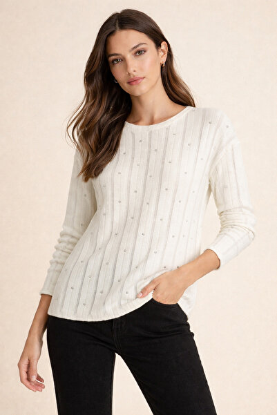 FERHEL Stoned Lace-Like Knit Knitwear Sweater -Stone