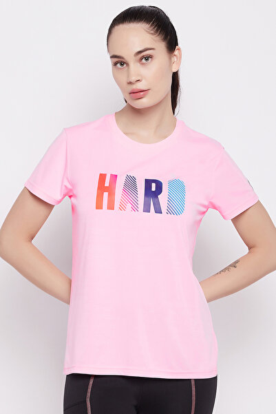 Clovia Comfort Fit Text Print Active T-shirt in Baby Pink