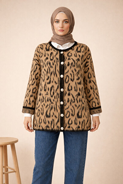 FERHEL Leopard Patterned Soft Knitwear Cardigan - Mink