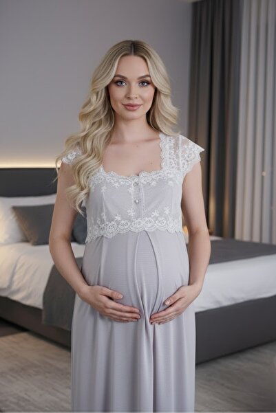 Lohusa Homewear New Season Gray Buttoned Summer Stylish Lace Detailed 100% Co...