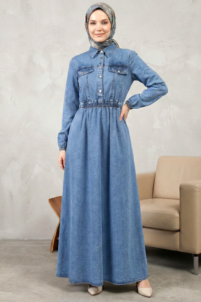 FERHEL Elastic Waist Half Buttoned Long Denim Dress Ice Blue