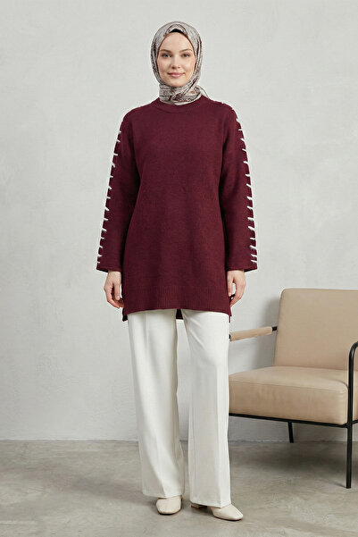 FERHEL Soft Knitwear Sweater Tunic with Rope Detail on the Sleeves - Burgundy