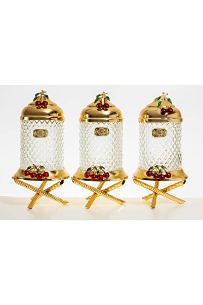 AZADE BAKIR GOLD PİRİNÇ KİRAZLI AYAKLI KRİSTAL KAVANOZ 3’LÜ SET