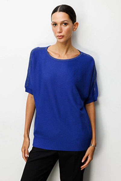 On Fashion Women's Saks Blue Half Sleeve Sweater with Stones on the Collar an...