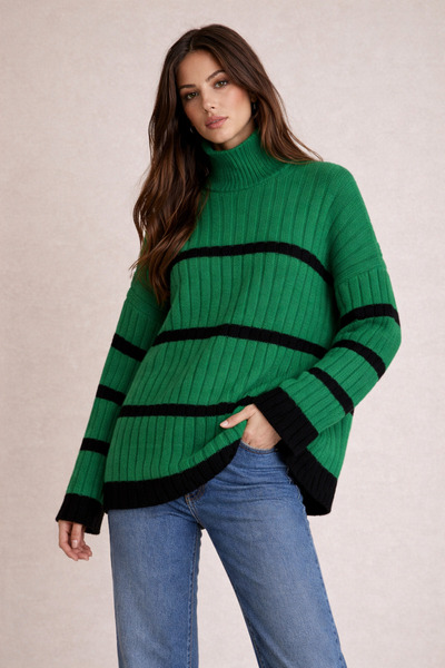 FERHEL Striped Knitwear Sweater with Sleeves - Casual - Forest Green