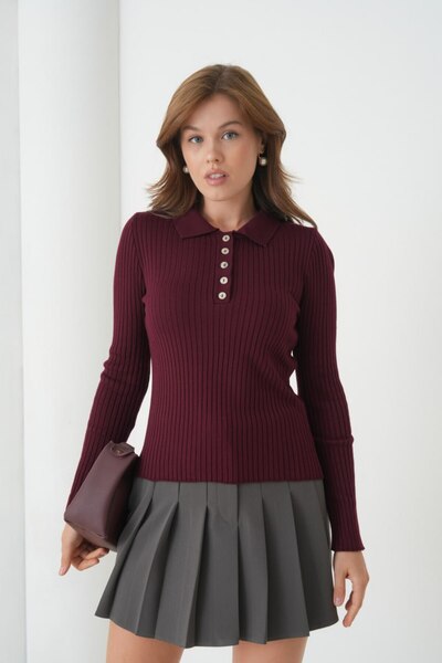 Arbucky Women's Shirt Collar Buttoned Ribbed Slim Knit Sweater