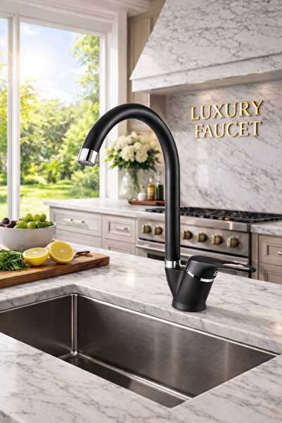 luxury faucet Premium Matte Black Kitchen Faucet – Chrome Detail – Swivel Spo...