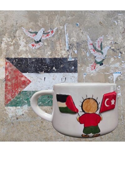 El Yapımı Özel Tasarım Kabartmalı ve Fırça Boyama Seramik Filistin Palestine Kupa