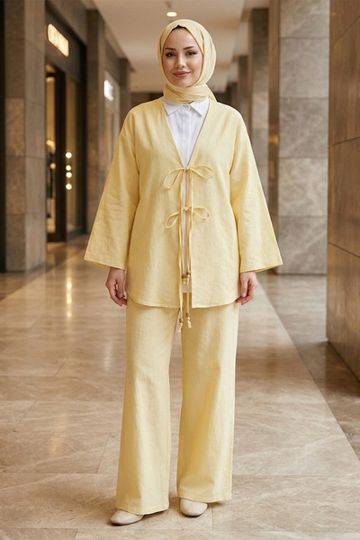 FERHEL Women's Tie-Front Kimono and Pants Set - Light Yellow