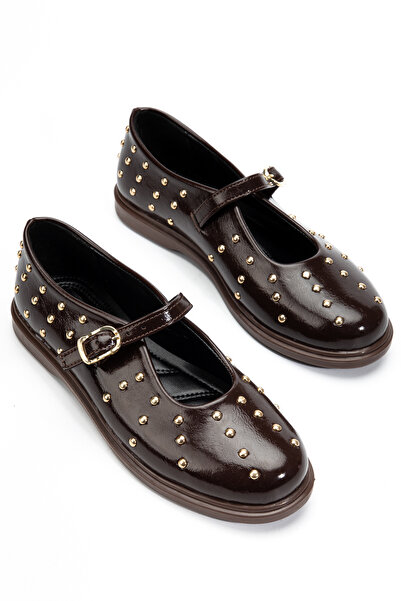 RİSSOLİ Women's Brown Patent Leather Strappy Daily Ballet Flats with Trop Detail