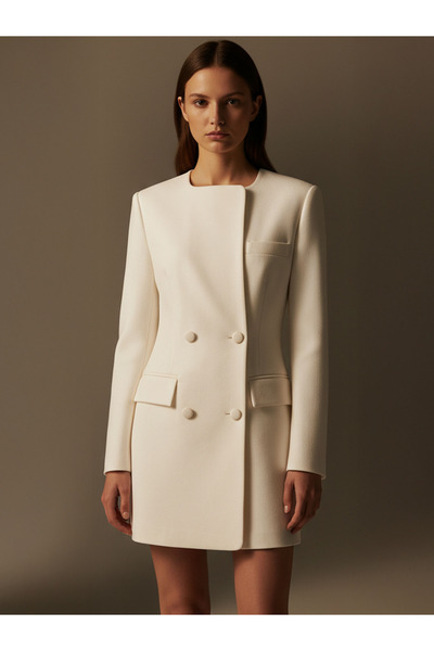 RİVUS Button Detailed and High-Shoulder Jacket Dress - Ecru