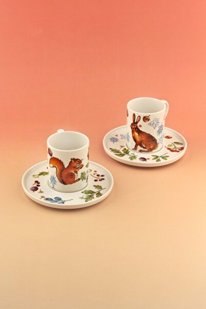 Bursa Porselen Dekor Squirrel & Rabbit Porcelain Coffee Cup Set for Two