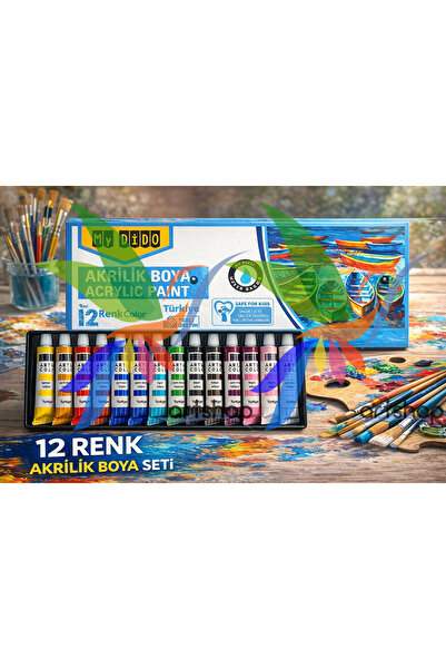 Artshop Südor 12X9 ml Akrilik Boya, 35x50 cm Tuval NO:2 Zemin Fırçalı Set, Ponpon, Palet, Su Kabı,Vernik