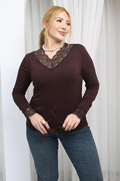 Siyezen Bluză cu decolteu în V și detalii din dantelă, mărime mare