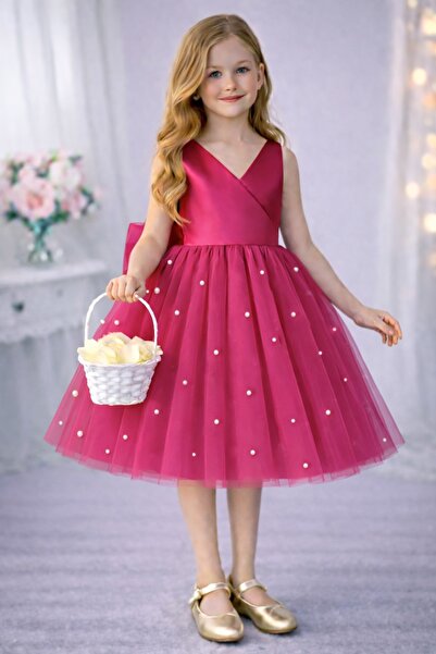 SUNEH Κοριτσίστικη φούξια ροζ φούστα με πέρλες λεπτομέρειες, μίνι απλό φόρεμα...