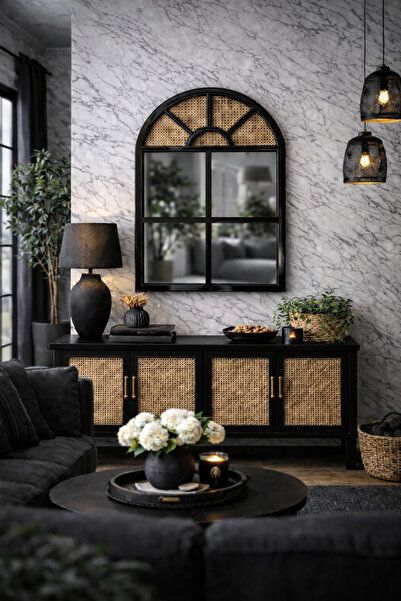 Phellos Lake Siyah Rattan Ayna - Pencere Ayna - Hazeran Boho Ayna