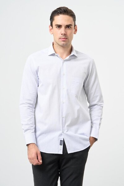 İmza قميص أبيض بأكمام طويلة وياقة نصف إيطالية مع جيب من القطن الكلاسيكي المري...