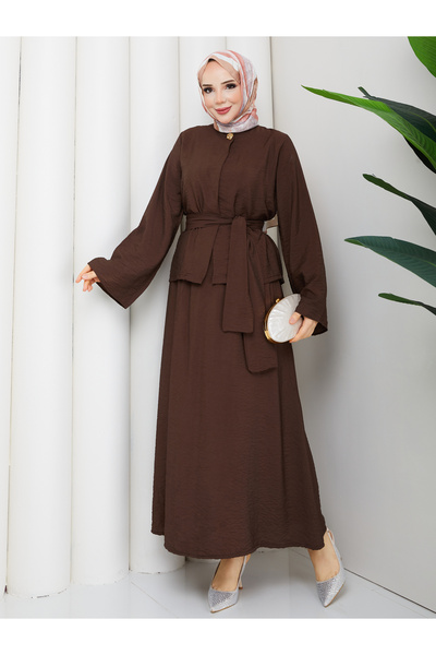 Wual giyim Women's Hijab Two-Piece Set – Modern Set with Belted Top & Long Skirt