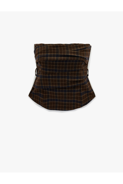 Koton Women'S Brown Check Plaid Strapless Blouse