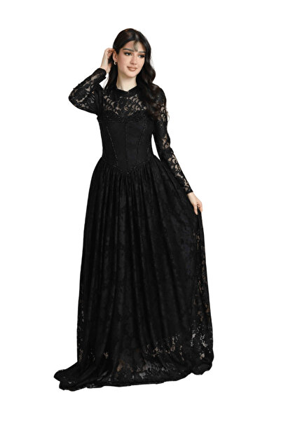 Nice Model Women's Black Lace Evening Dress Long Sleeve Corset Bodice Floor L...