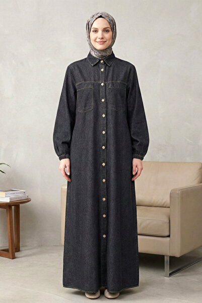 FERHEL Women's Buttoned Long Dress with Elastic Sleeves and Pockets - Dark Gray