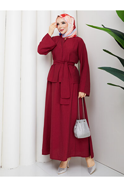 Wual giyim Women's Hijab Two-Piece Set – Modern Set with Belted Top & Long Skirt