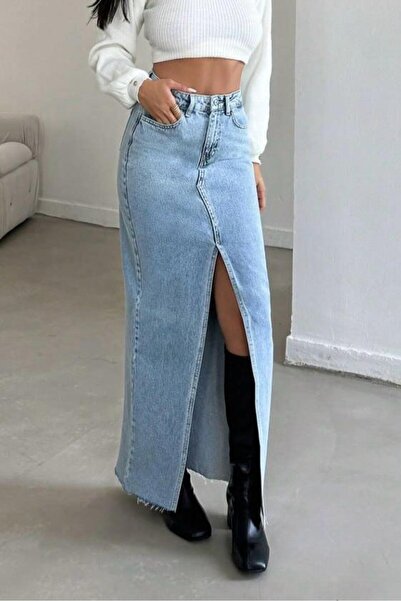 Mine Tan Butik Long Denim Skirt with Slit Detail - Blue