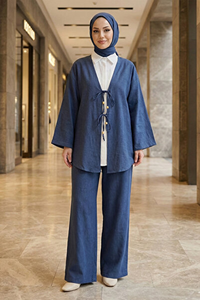 FERHEL Women's Front-Tie Kimono and Pants Set - Indigo