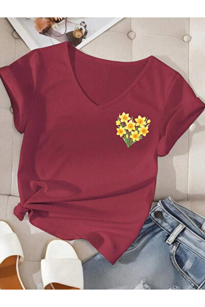 SUNFREE Mix Flowers Printed V-Neck Cotton Combed Cotton Short Sleeve Women's ...