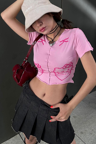 Köstebek Ροζ Hello Kitty - Ruchinleck Grunge Y2K Κοντομάνικο Crop